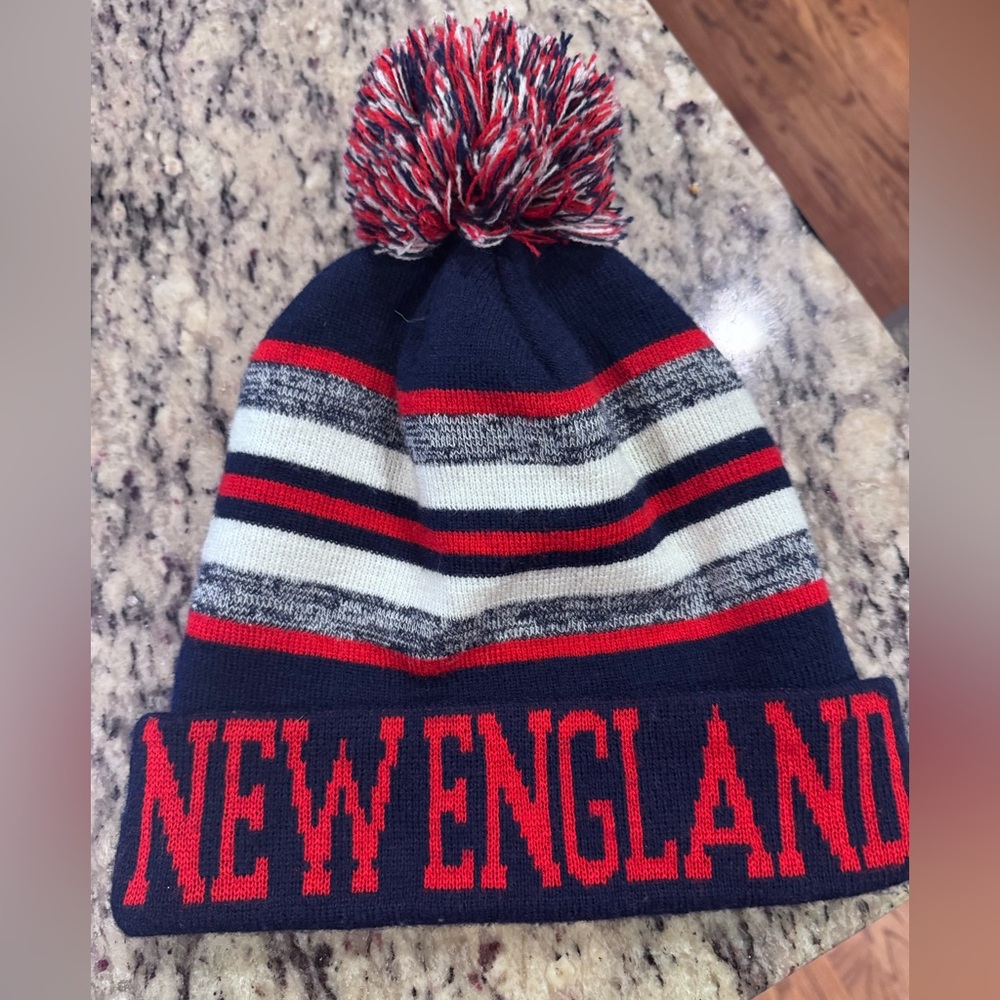 New England Patriots Pom-Pom Beanie - Navy, Red, and White. Universal size